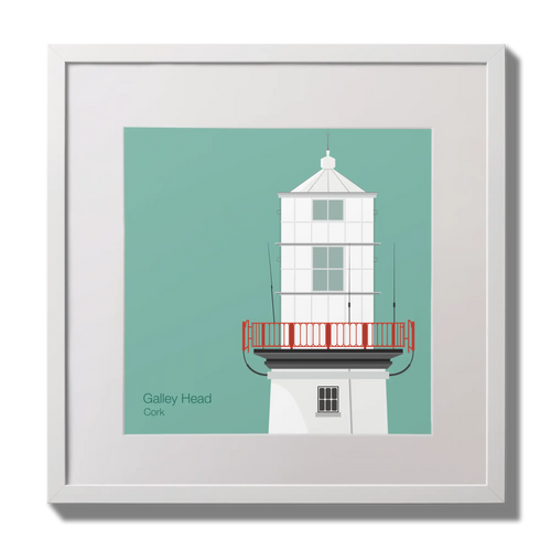 Illustration of Galley Head lighthouse on an ocean green background,  in a white square frame measuring 30x30cm.