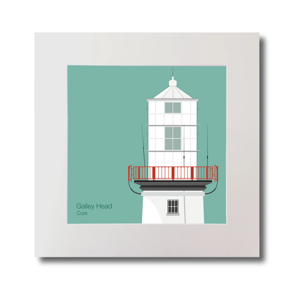 Illustration of Galley Head lighthouse on an ocean green background, mounted and measuring 30x30cm.