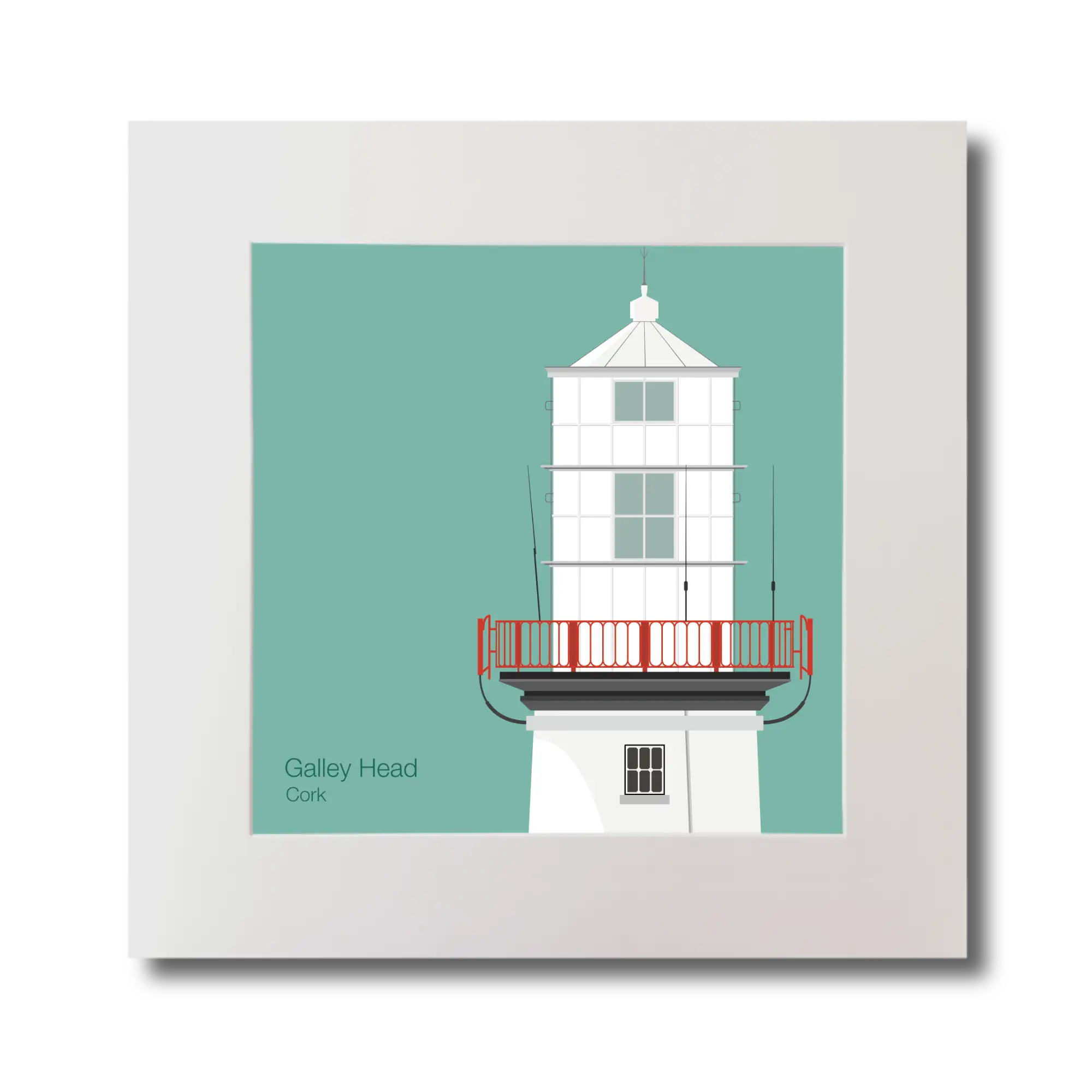 Illustration of Galley Head lighthouse on an ocean green background, mounted and measuring 30x30cm.