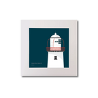 Illustration of Valentia Island lighthouse on a midnight blue background, mounted and measuring 20x20cm.