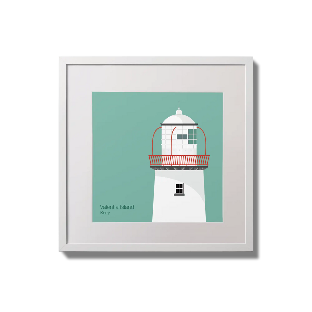 Illustration of Valentia Island lighthouse on an ocean green background,  in a white square frame measuring 20x20cm.
