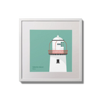 Illustration of Valentia Island lighthouse on an ocean green background,  in a white square frame measuring 20x20cm.