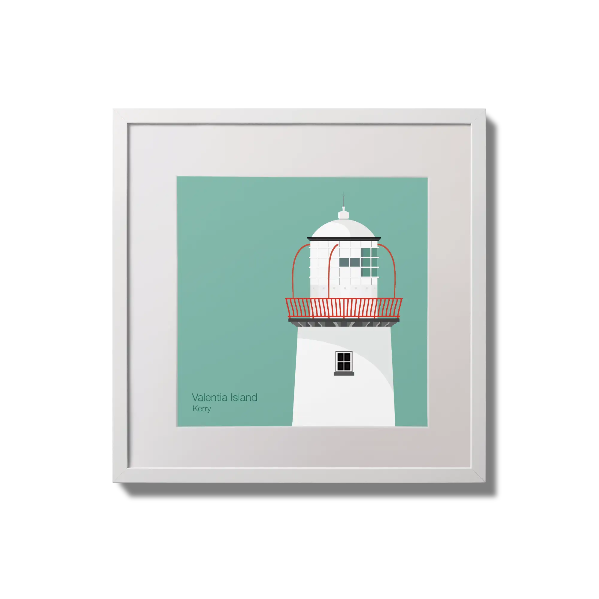 Illustration of Valentia Island lighthouse on an ocean green background,  in a white square frame measuring 20x20cm.