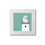 Illustration of Valentia Island lighthouse on an ocean green background, mounted and measuring 20x20cm.