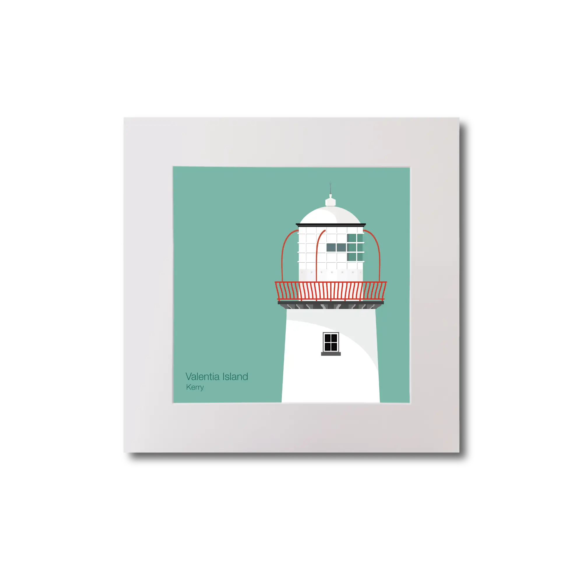 Illustration of Valentia Island lighthouse on an ocean green background, mounted and measuring 20x20cm.