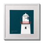 Illustration of Valentia Island lighthouse on a midnight blue background,  in a white square frame measuring 30x30cm.