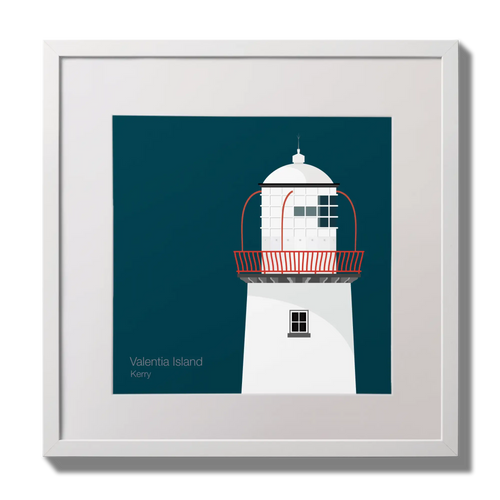 Illustration of Valentia Island lighthouse on a midnight blue background,  in a white square frame measuring 30x30cm.