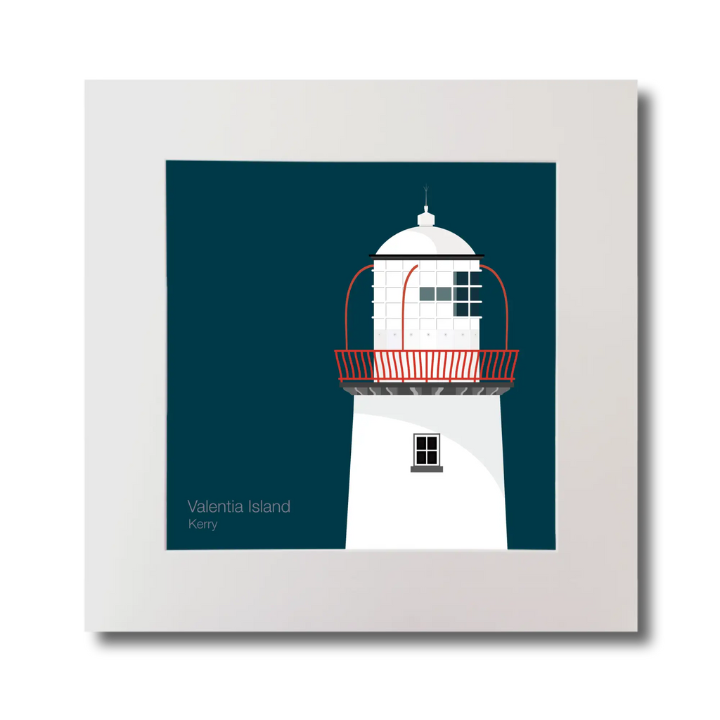 Illustration of Valentia Island lighthouse on a midnight blue background, mounted and measuring 30x30cm.