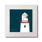 Illustration of Valentia Island lighthouse on a midnight blue background, mounted and measuring 30x30cm.