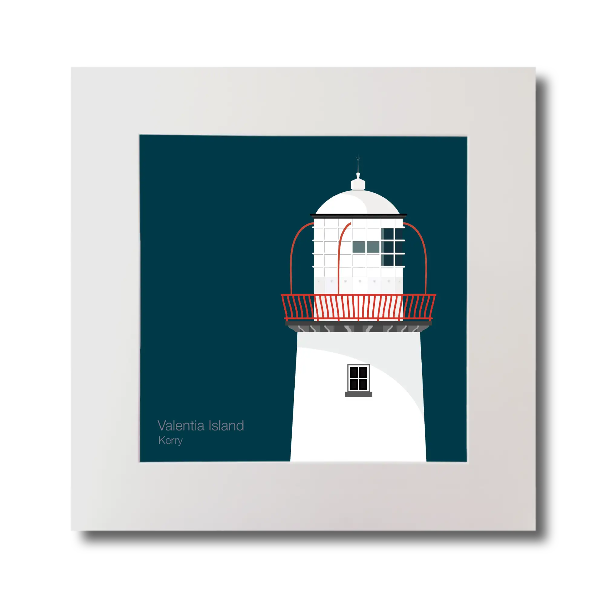 Illustration of Valentia Island lighthouse on a midnight blue background, mounted and measuring 30x30cm.