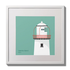 Illustration of Valentia Island lighthouse on an ocean green background,  in a white square frame measuring 30x30cm.