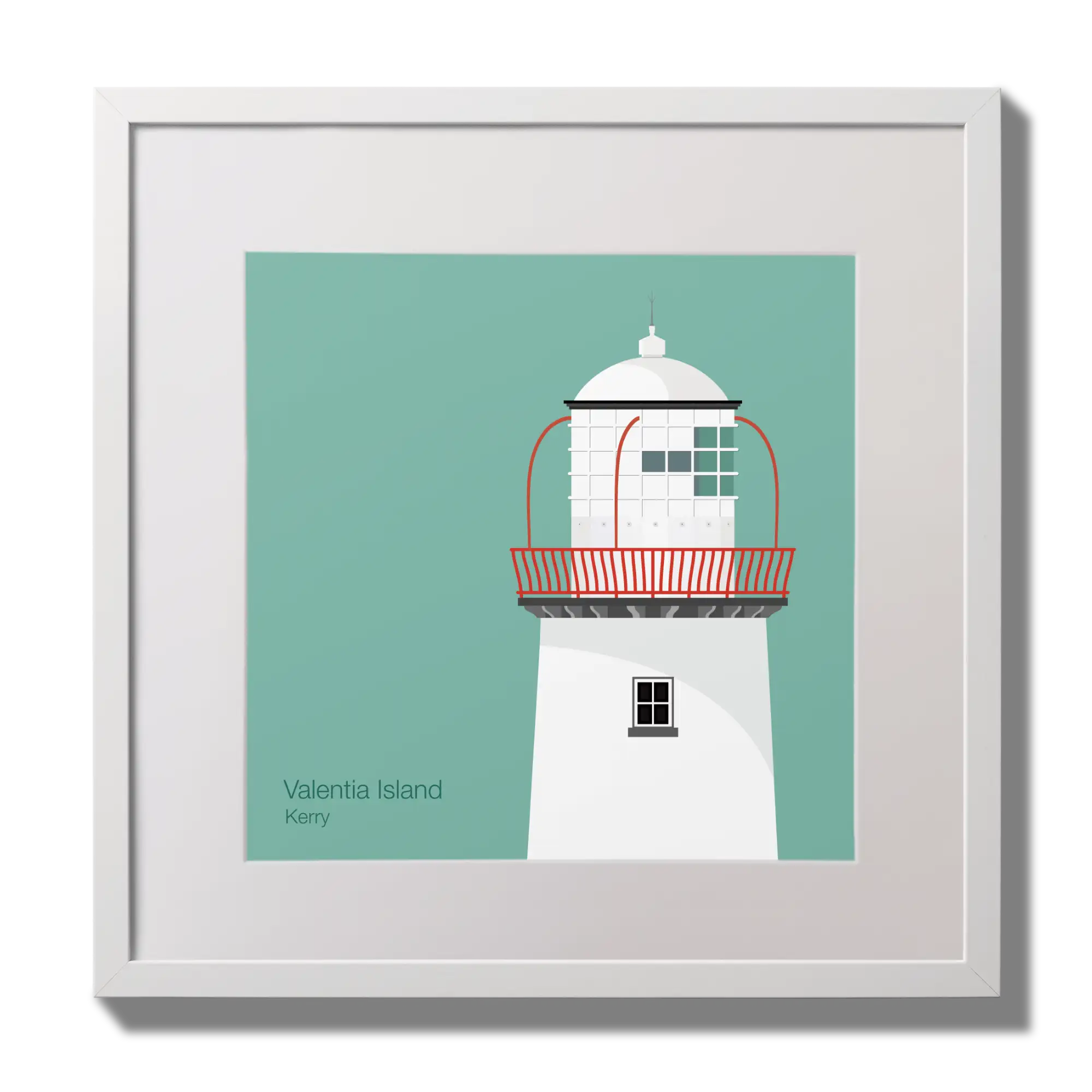 Illustration of Valentia Island lighthouse on an ocean green background,  in a white square frame measuring 30x30cm.