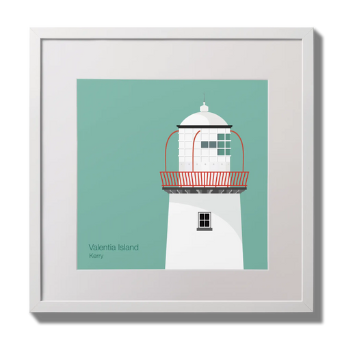 Illustration of Valentia Island lighthouse on an ocean green background,  in a white square frame measuring 30x30cm.