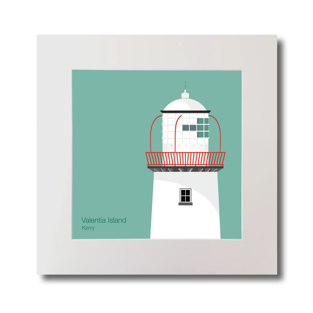 Illustration of Valentia Island lighthouse on an ocean green background, mounted and measuring 30x30cm.