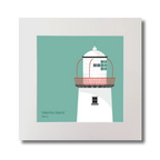 Illustration of Valentia Island lighthouse on an ocean green background, mounted and measuring 30x30cm.