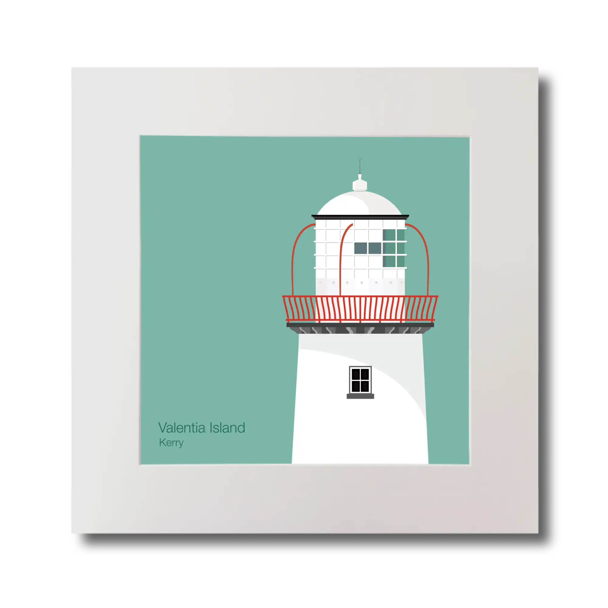 Illustration of Valentia Island lighthouse on an ocean green background, mounted and measuring 30x30cm.