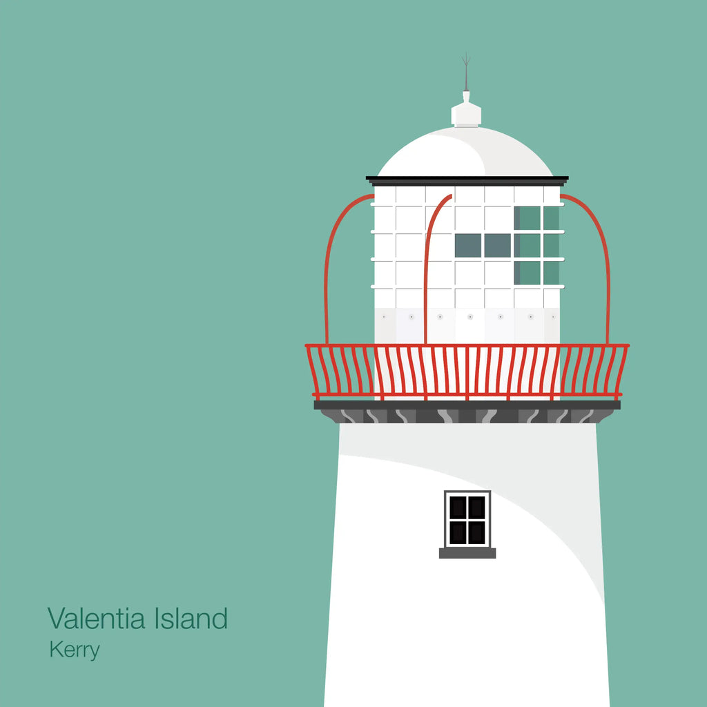 Illustration of Valentia Island lighthouse on an ocean green background