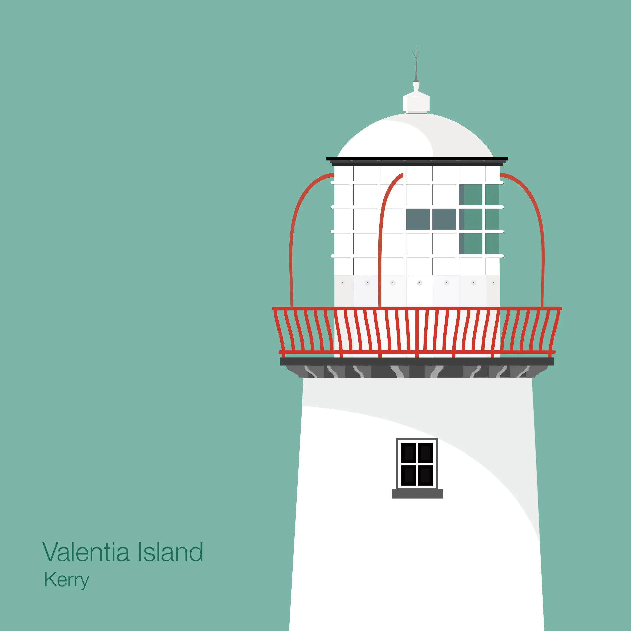 Illustration of Valentia Island lighthouse on an ocean green background