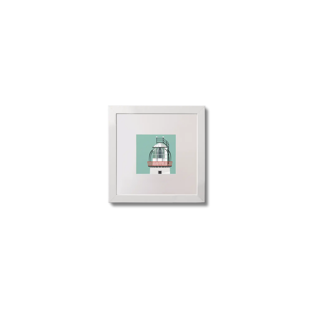 Illustration of Loop Head lighthouse on an ocean green background,  in a white square frame measuring 10x10cm.