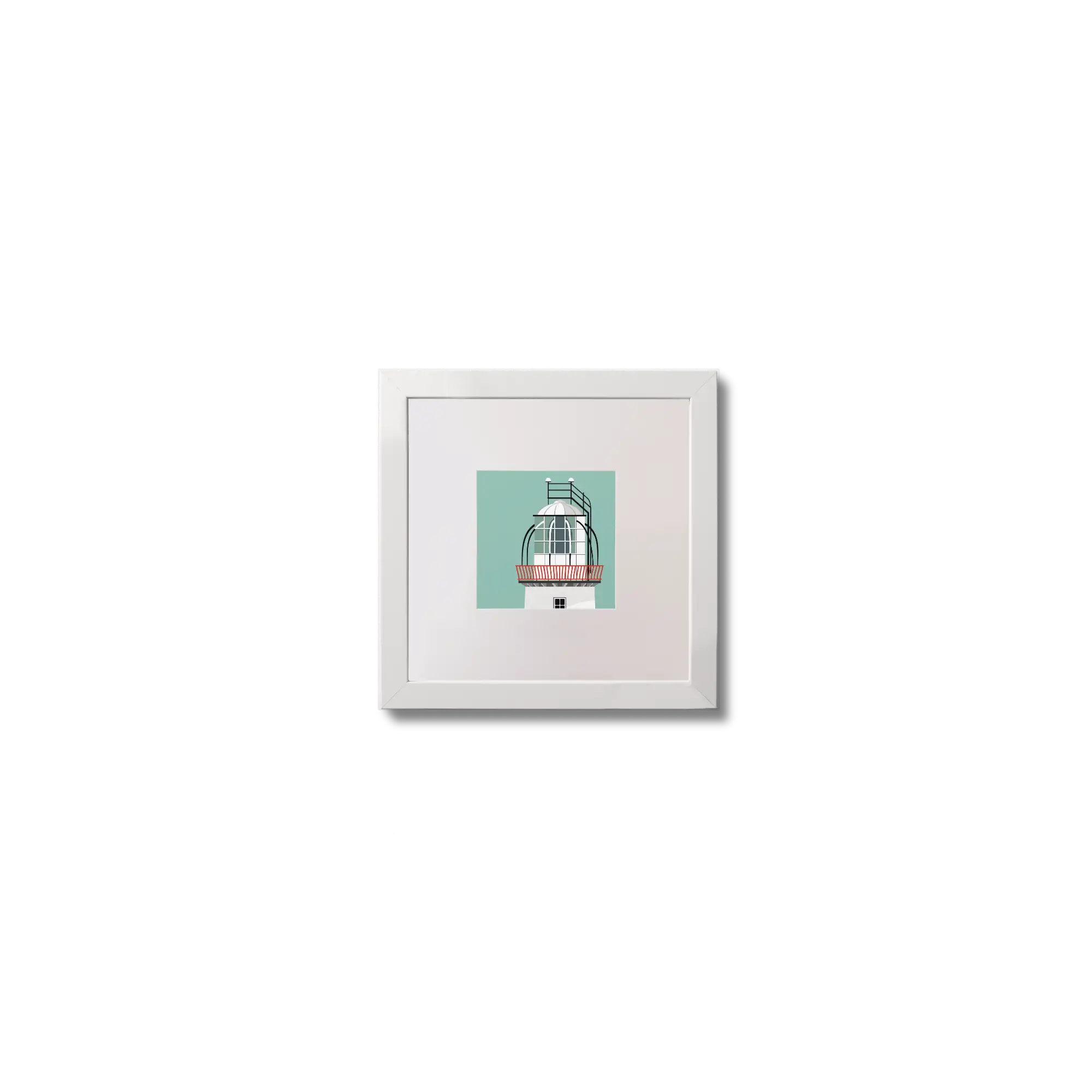 Illustration of Loop Head lighthouse on an ocean green background,  in a white square frame measuring 10x10cm.