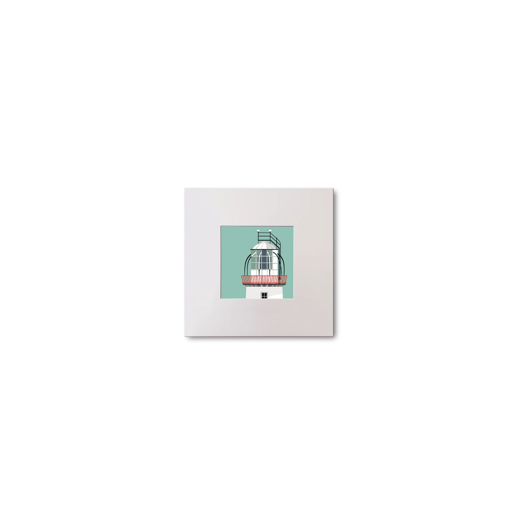Illustration of Loop Head lighthouse on an ocean green background, mounted and measuring 10x10cm.