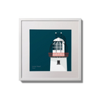 Illustration of Loop Head lighthouse on a midnight blue background,  in a white square frame measuring 20x20cm.