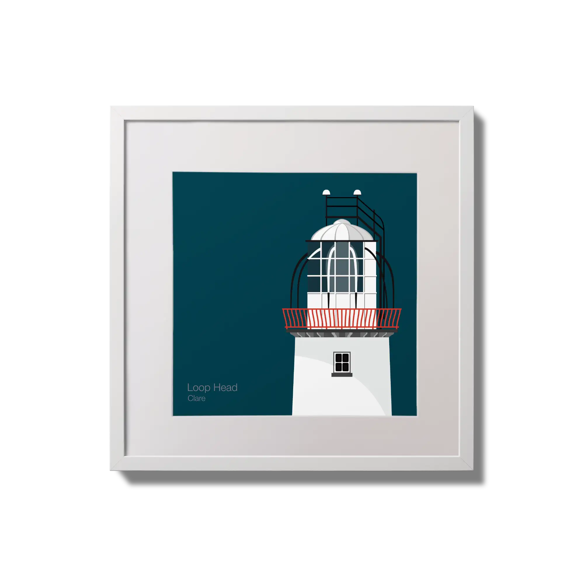 Illustration of Loop Head lighthouse on a midnight blue background,  in a white square frame measuring 20x20cm.