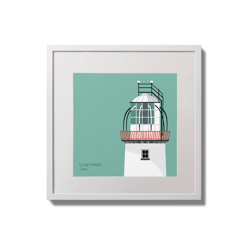 Illustration of Loop Head lighthouse on an ocean green background,  in a white square frame measuring 20x20cm.