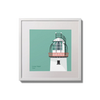 Illustration of Loop Head lighthouse on an ocean green background,  in a white square frame measuring 20x20cm.