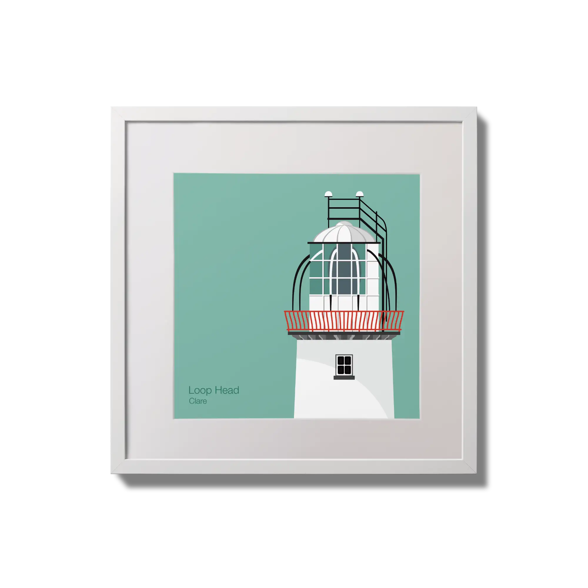 Illustration of Loop Head lighthouse on an ocean green background,  in a white square frame measuring 20x20cm.