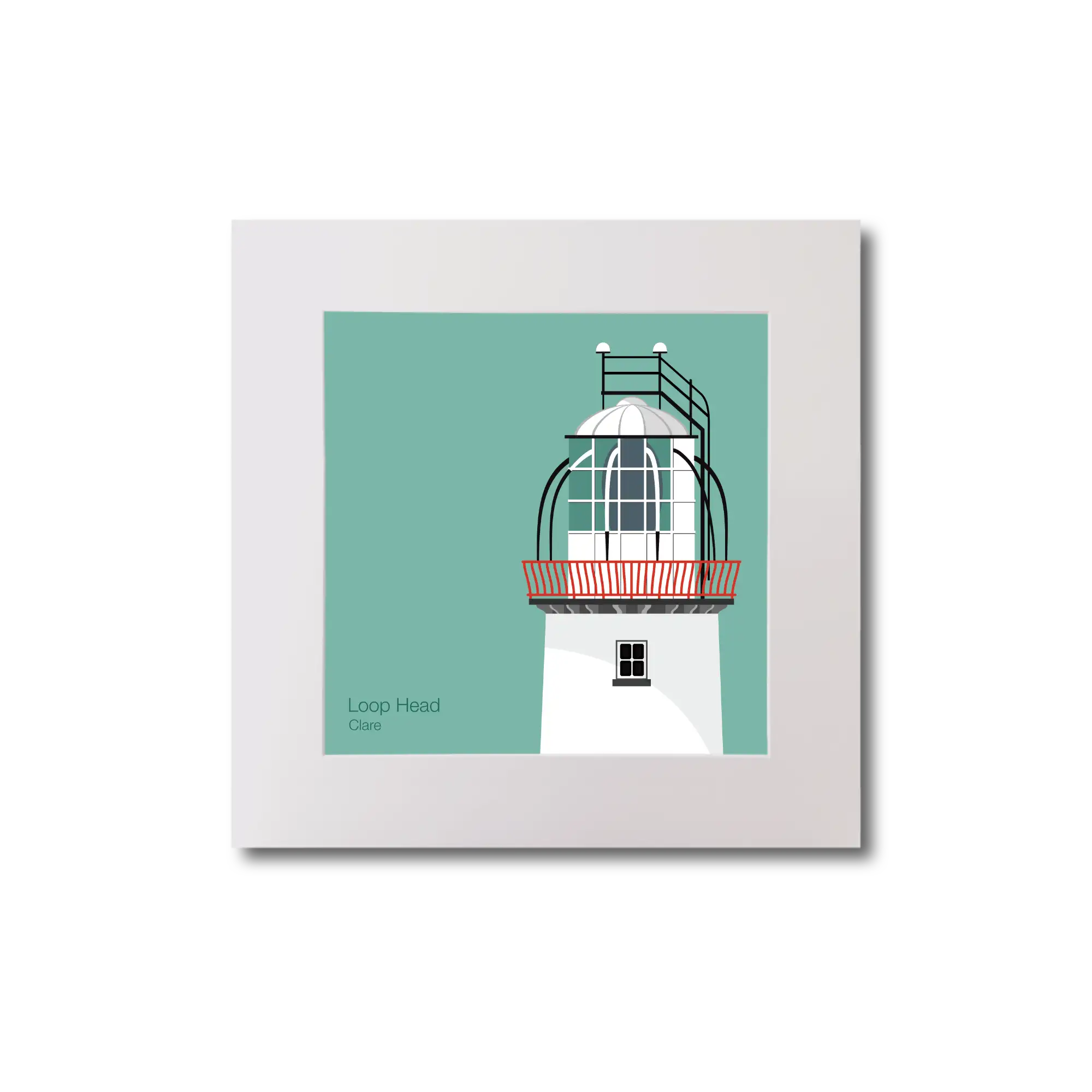 Illustration of Loop Head lighthouse on an ocean green background, mounted and measuring 20x20cm.