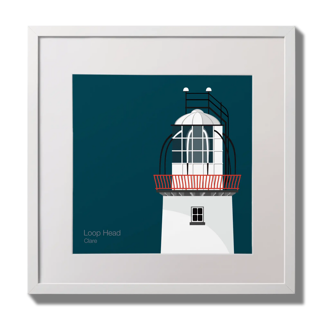Illustration of Loop Head lighthouse on a midnight blue background,  in a white square frame measuring 30x30cm.