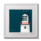 Illustration of Loop Head lighthouse on a midnight blue background,  in a white square frame measuring 30x30cm.
