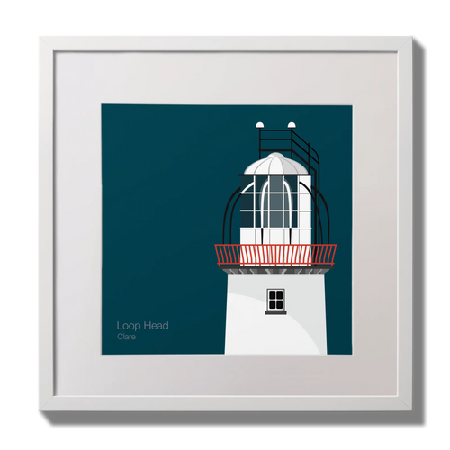 Illustration of Loop Head lighthouse on a midnight blue background,  in a white square frame measuring 30x30cm.