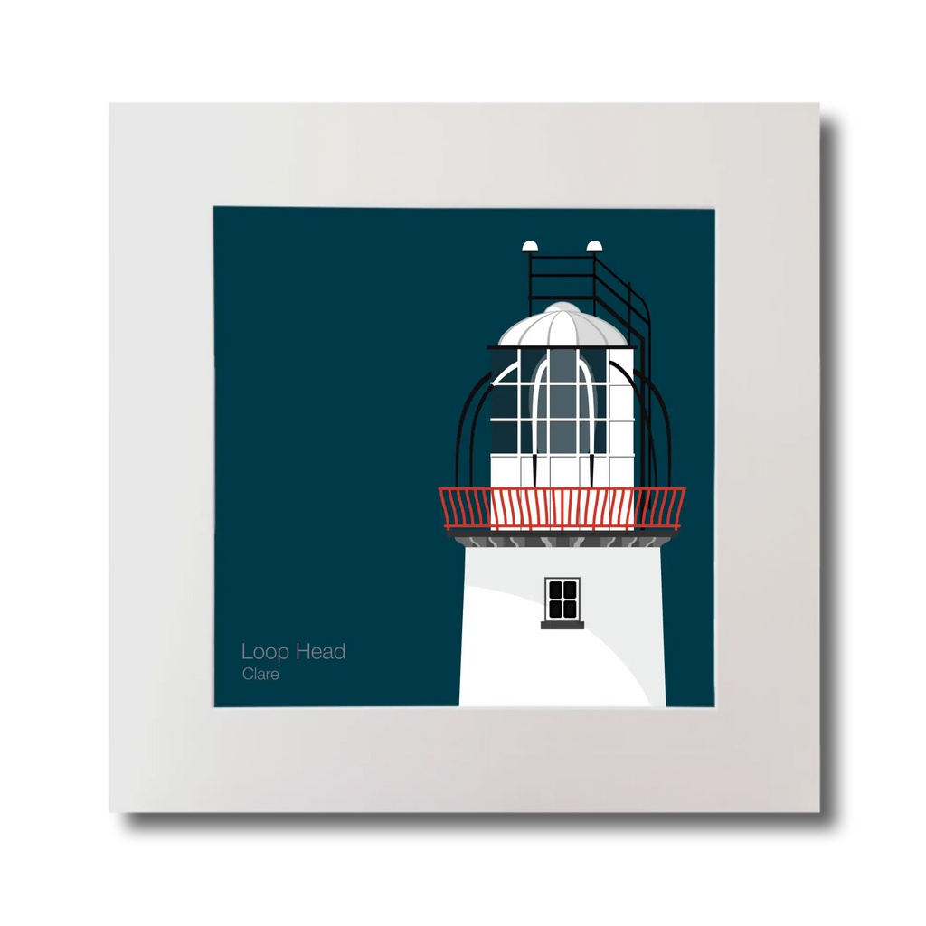 Illustration of Loop Head lighthouse on a midnight blue background, mounted and measuring 30x30cm.