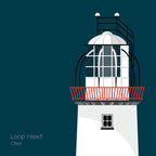 Illustration of Loop Head lighthouse on a midnight blue background