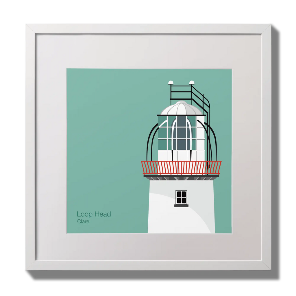 Illustration of Loop Head lighthouse on an ocean green background,  in a white square frame measuring 30x30cm.