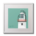 Illustration of Loop Head lighthouse on an ocean green background,  in a white square frame measuring 30x30cm.