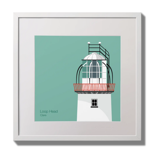 Illustration of Loop Head lighthouse on an ocean green background,  in a white square frame measuring 30x30cm.