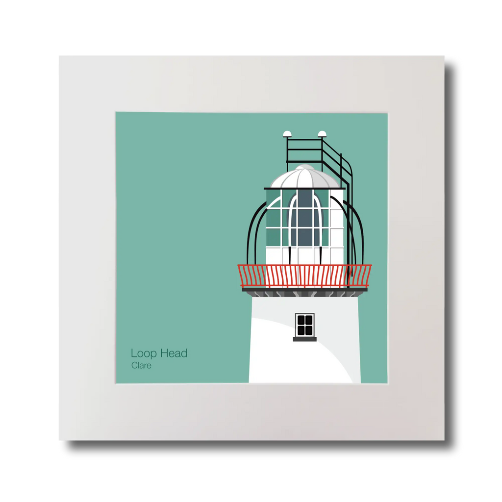 Illustration of Loop Head lighthouse on an ocean green background, mounted and measuring 30x30cm.