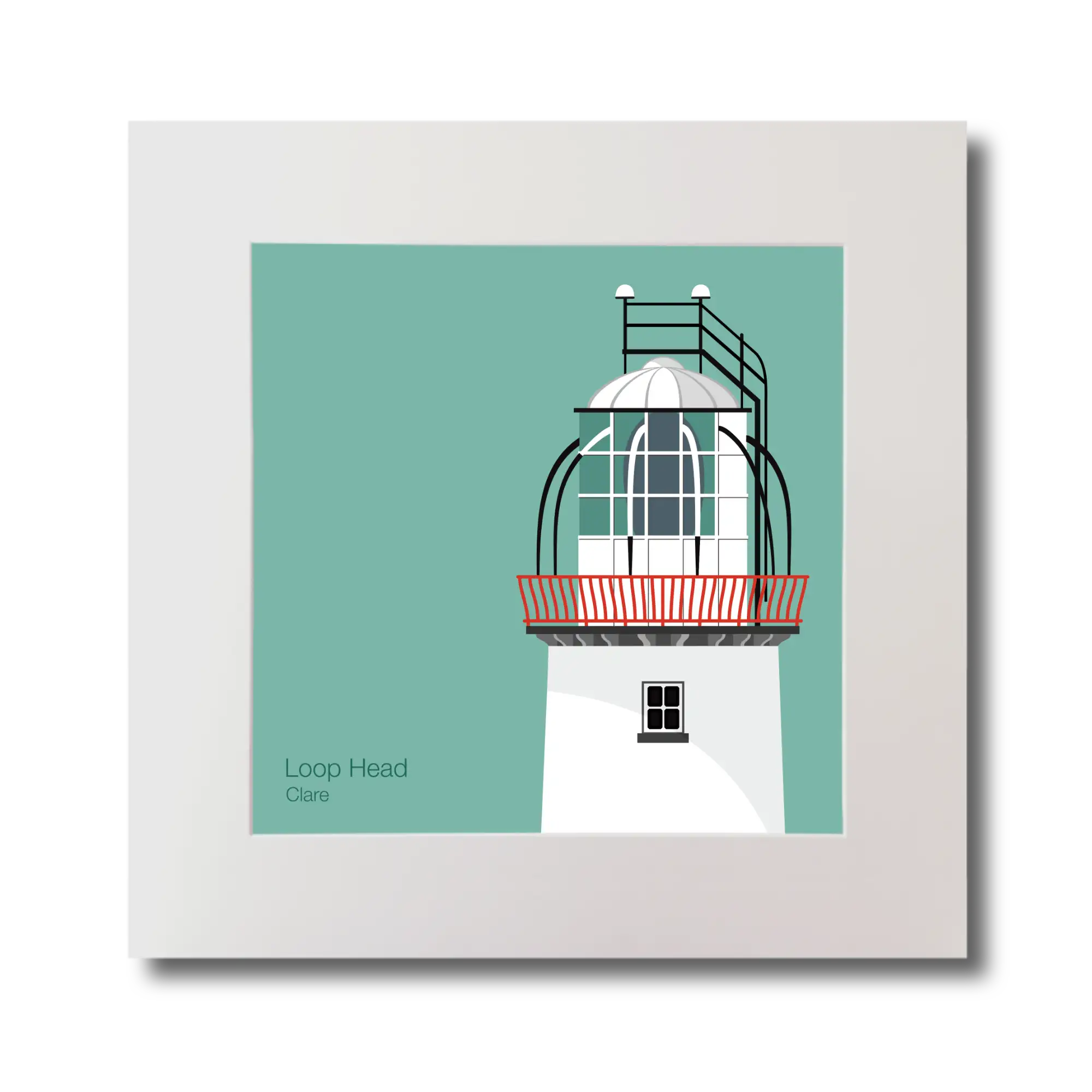 Illustration of Loop Head lighthouse on an ocean green background, mounted and measuring 30x30cm.