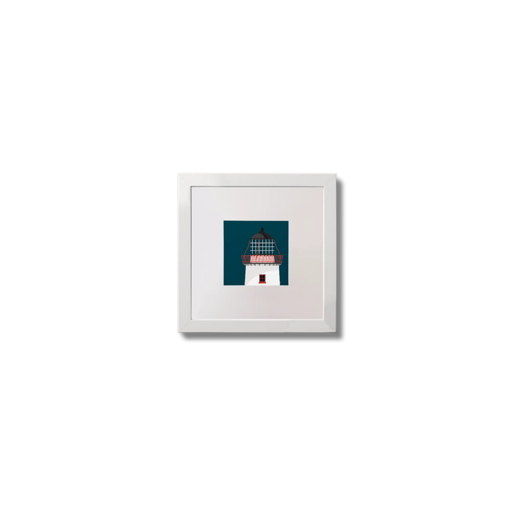 Illustration of Clare Island lighthouse on a midnight blue background,  in a white square frame measuring 10x10cm.
