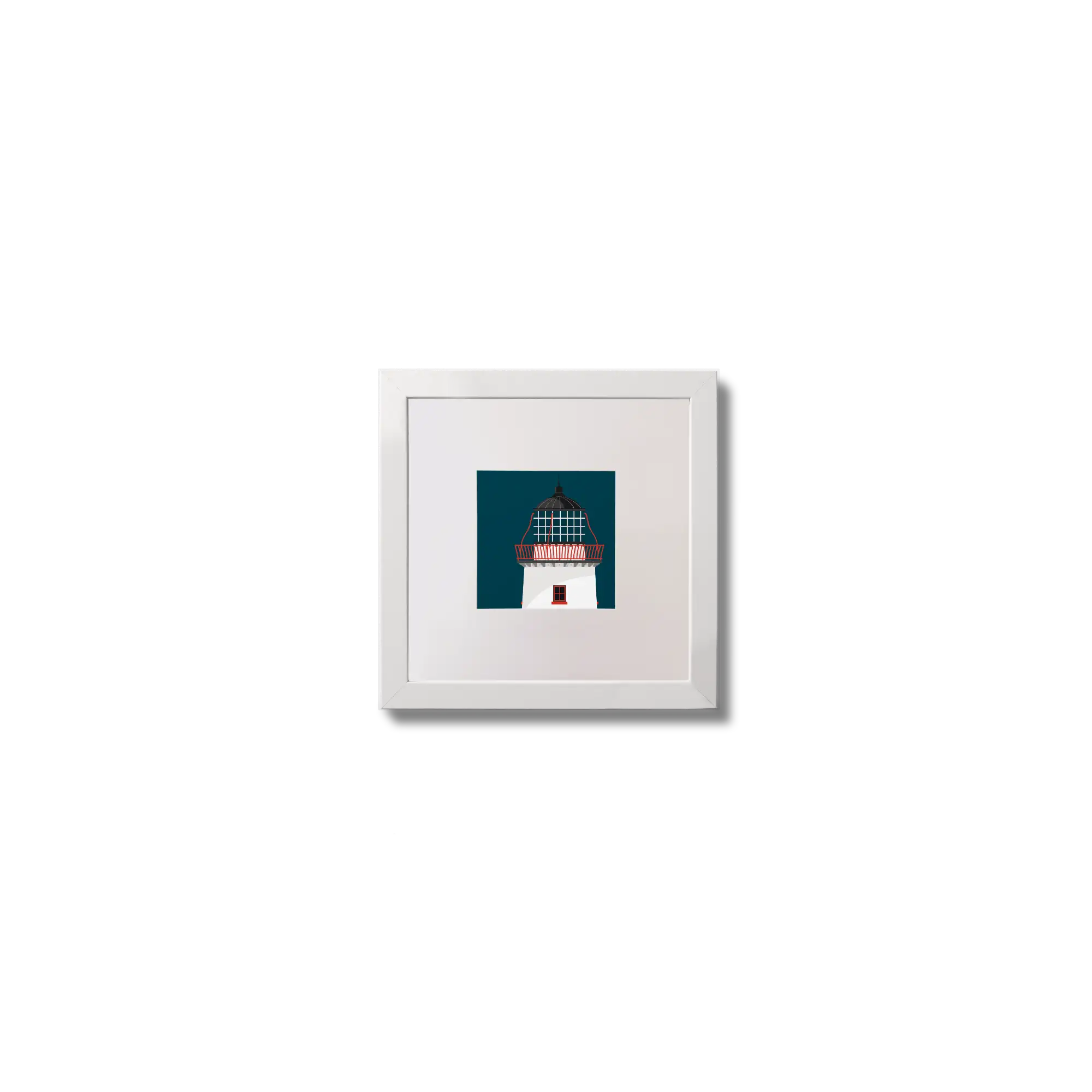Illustration of Clare Island lighthouse on a midnight blue background,  in a white square frame measuring 10x10cm.