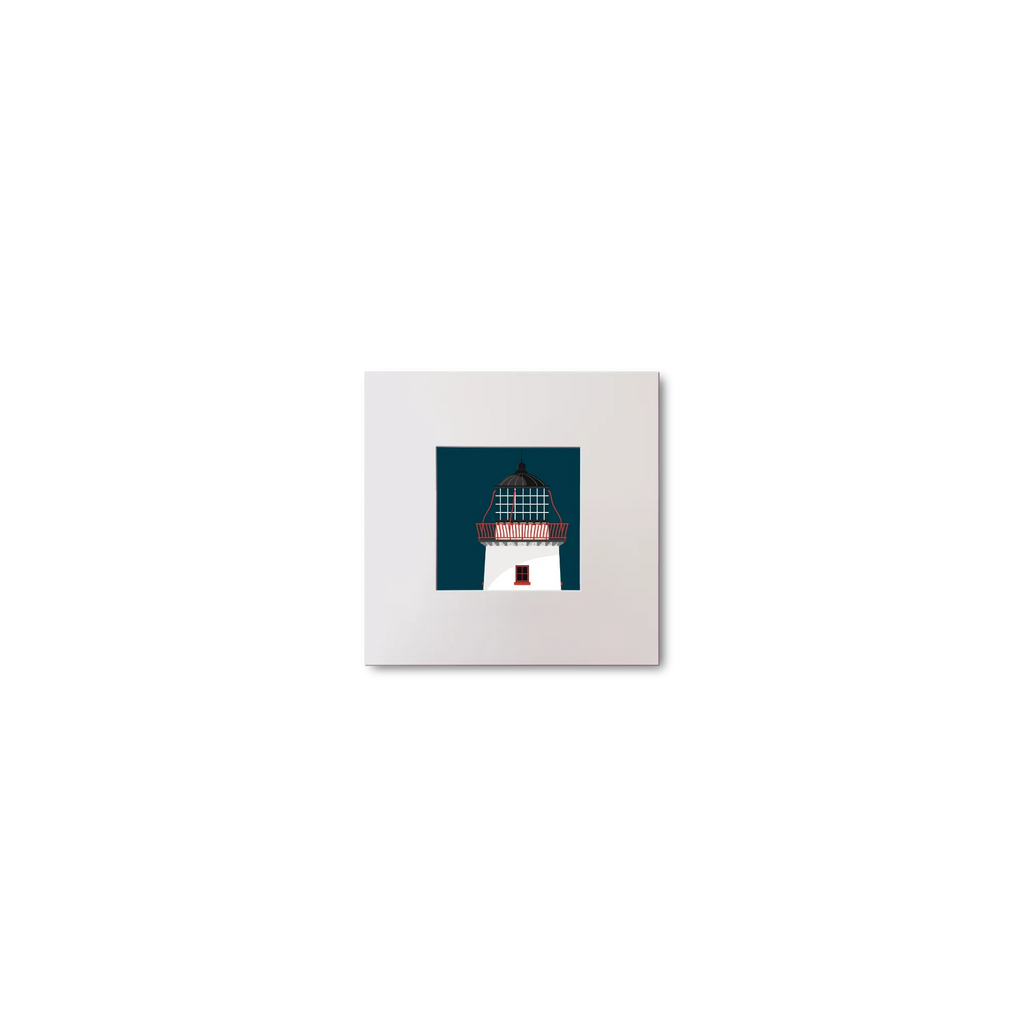 Illustration of Clare Island lighthouse on a midnight blue background, mounted and measuring 10x10cm.