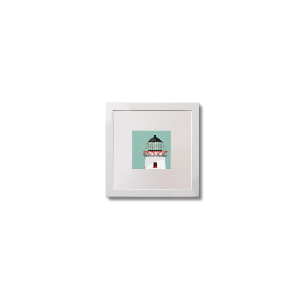 Illustration of Clare Island lighthouse on an ocean green background,  in a white square frame measuring 10x10cm.