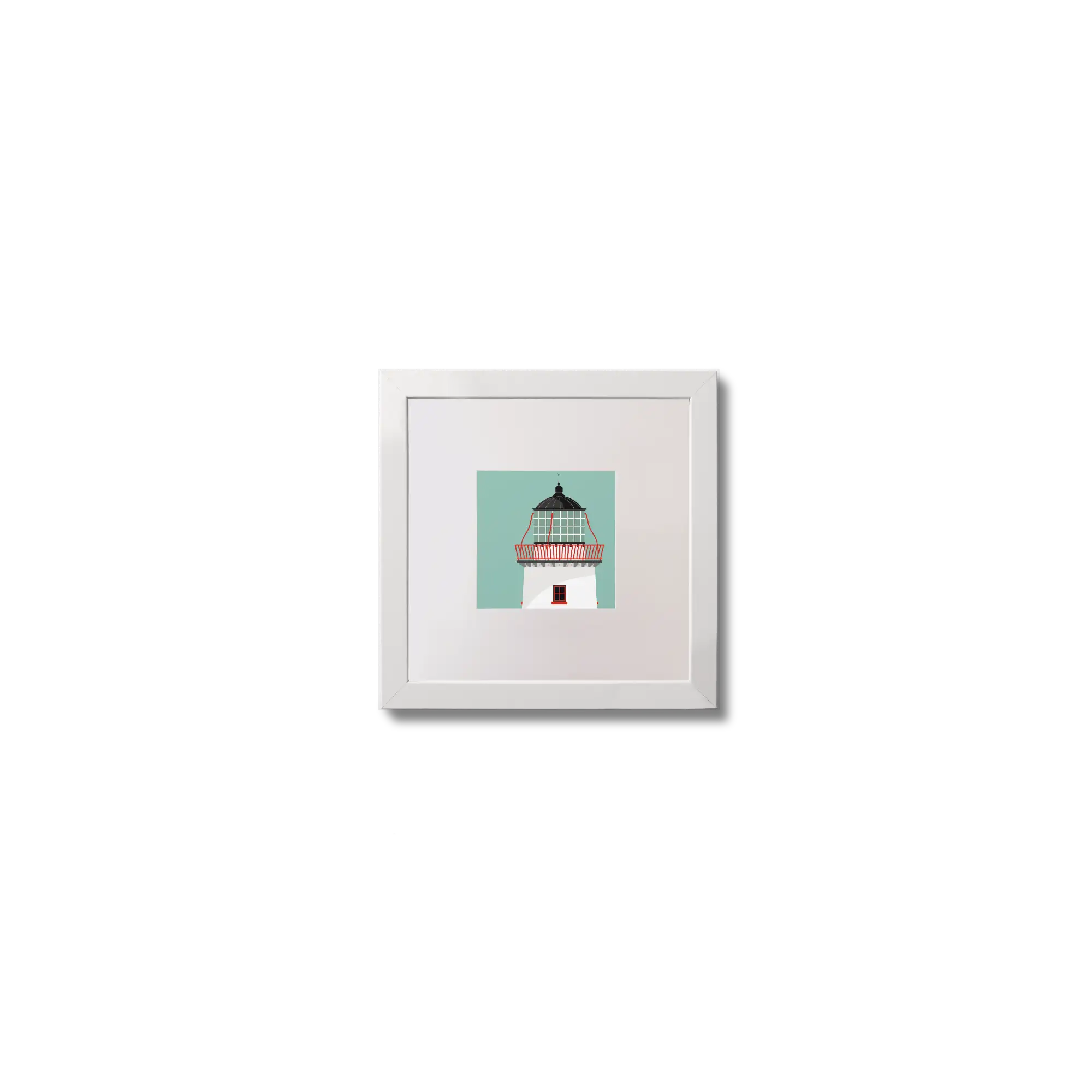 Illustration of Clare Island lighthouse on an ocean green background,  in a white square frame measuring 10x10cm.