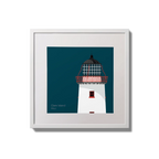 Illustration of Clare Island lighthouse on a midnight blue background,  in a white square frame measuring 20x20cm.