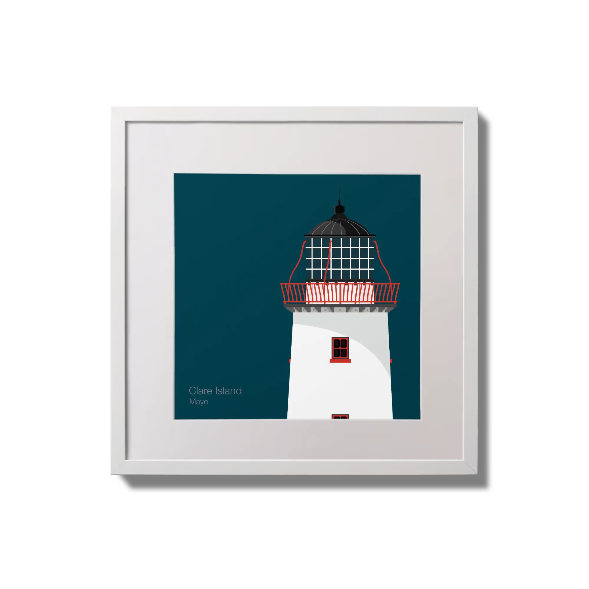 Illustration of Clare Island lighthouse on a midnight blue background,  in a white square frame measuring 20x20cm.