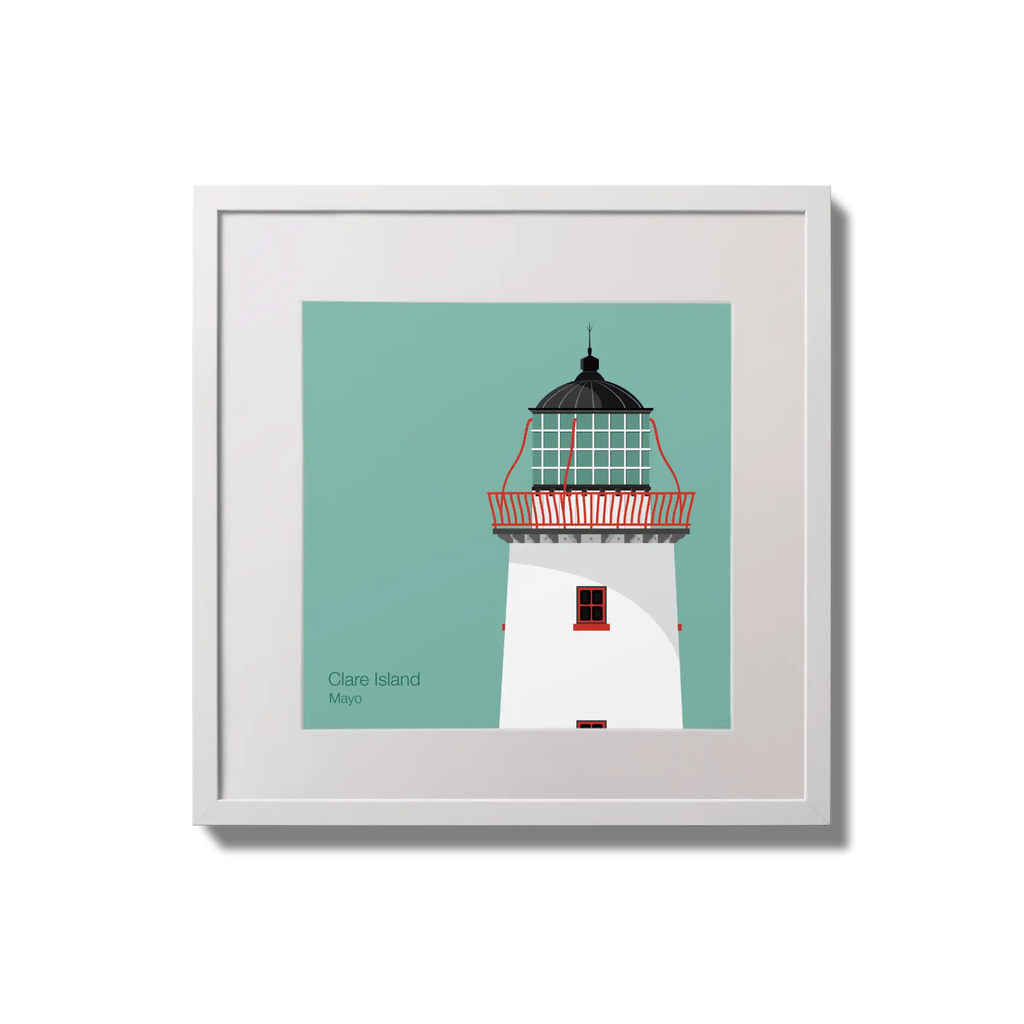 Illustration of Clare Island lighthouse on an ocean green background,  in a white square frame measuring 20x20cm.