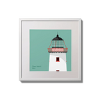 Illustration of Clare Island lighthouse on an ocean green background,  in a white square frame measuring 20x20cm.